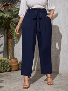 SHEIN Clasi Plus Size Women Solid Color High Waist Cone Shaped Pants, Casual Vacation Style - Navy Blue - View 1