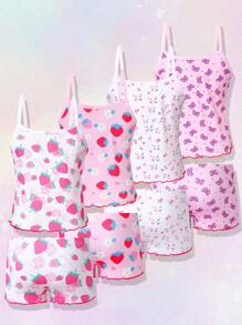 年轻女孩草莓碎花细肩带吊带文胸和内裤套装，柔软蝴蝶结图案