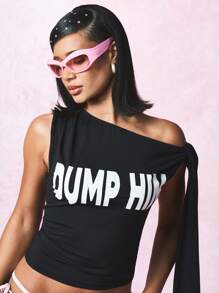 SUMWON WOMEN Tie Shoulder One Shoulder Crop Top Slogan Text Print Party Club Y2K Fashion Statement Streetwear Tank Top Festival Summer Beach Dance Top - Black - View 3