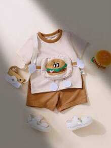 SHEIN Baby Boys Simple Solid Color Splicing Round Neck Short Sleeve Top & Shorts 2 Pieces Set - Apricot - View 3
