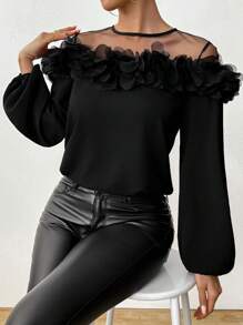 SHEIN Unity 女士休闲露肩简约刺绣花卉长袖衬衫 - 黑色 - 查看 3