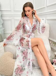 Romantic Mesh Floral Print Splice 3D Lace Trim Bathrobe - Multicolor - View 1
