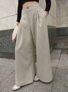 DAZY 女士宽松纯色阔腿裤，带口袋，松紧腰，春季休闲长裤 - 杏色 - 查看 6