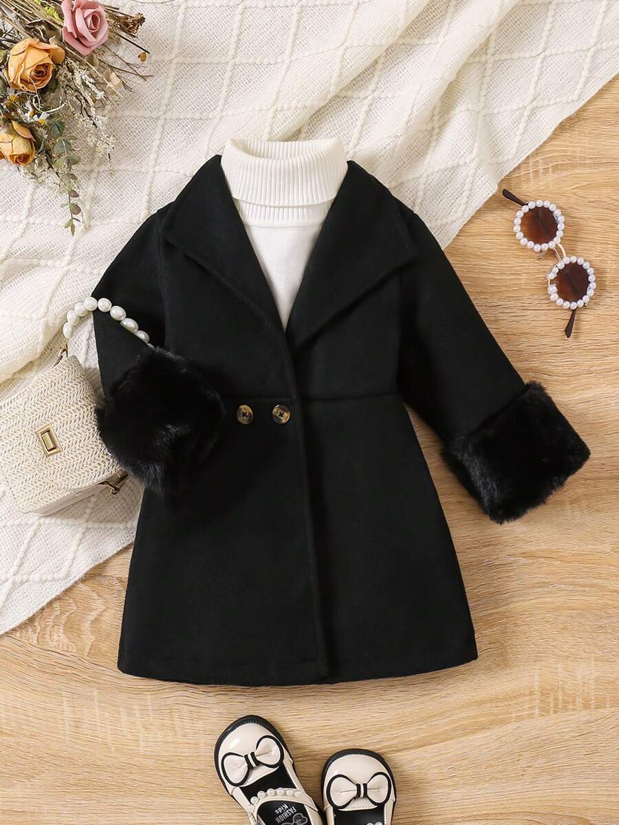 SHEIN معطف فتيات صغيرات من الصوف لفصلي الخريف والشتاء، مع أكمام بتصميم متباين مع حواف فاخرة، تصميم أنيق وراقي ومناسب للخروجات والحفلات والمناسبات - الأسود - مشاهدة 1