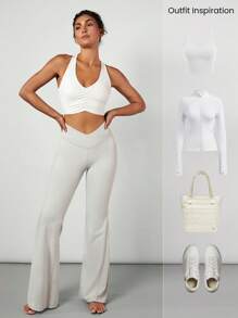 GLOWMODE 31" FeatherFit™ Crossover Waist Mega Flared Leggings Pants Low Impact Yoga Daily - Light Grey - View 8