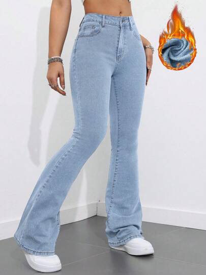 SHEIN Women's Flare Jeans With Pockets, Thermal Lined Casual Pants