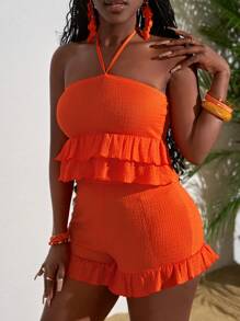 Slaydiva 2025 New Women Plus Size Retro Vacation/Tropical Resort/Music Festival/Club/Road Trip/ Resort/Casual/City Vacation/Graduation Date/Elegant Vacation 2Pcs Set - Sleeveless Top With Halter Neck Tie Texture Fabric And Layered Ruffle Hem Shorts, Orange Women Summer Clothing Woman S Summer Clothes Women S Clothes,2 Pieces Summer Outfit - Orange - View 6