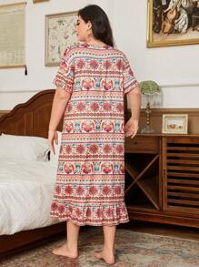 Trezura Retro Floral Print Plus Size Women Casual Round Neck Short Sleeve Nightgown