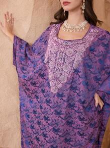 Al Najma Damen Kleid mit quadratischem Ausschnitt, lose, mit funkelndem Strass-Besatz für formelle Anlässe, Kaftan & Jalabiya, Bescheiden - Violett - Übersicht 4