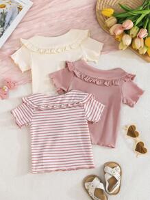 SHEIN Vintaside Kids 3pcs/Set Baby Girls' Summer Cute Peter Pan Collar Solid Color + Striped Multicolor Casual Comfortable Versatile Outdoor Shirts