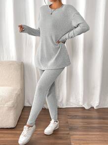 SHEIN Frenchy Women's Casual Solid Color Long Sleeve Top & Long Pants Set - Grey - View 4