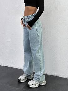 EURMUSE HIGH RISE STRAIGHT RIPPED HEM WOMEN JEAN - Medium Wash - View 3