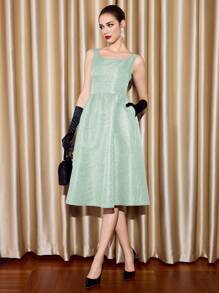 Vintamour 复古优雅女式无袖提花纹理船领收腰迷你 A 字连衣裙，带口袋，适合节日派对 圣诞女装 感恩节女装 冬装 蓝色返校节连衣裙 冬季女装 秋季女装 连衣裙 秋季女装 公主女装 圣诞女装 皇家蓝色女装 冬季女装 秋季连衣裙 派对女装 - 薄荷綠 - 查看 4