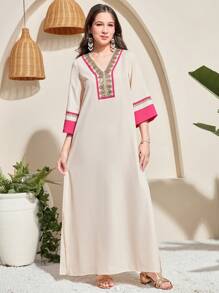 SHEIN Teen Girls Loose V-Neck Color Block Floral Lace Trim Dress, Pink And Apricot, Suitable For Spring/Summer Holiday,Fringe - Apricot - View 5