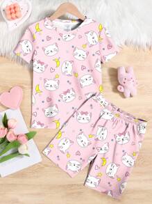 SHEIN Leap Crew Pigiama per ragazze con stampa di gatti cartoni animati, composto da top a maniche corte e pantaloncini, vestibilità aderente, adatto per primavera/estate - Multicolore - Visualizzare 1