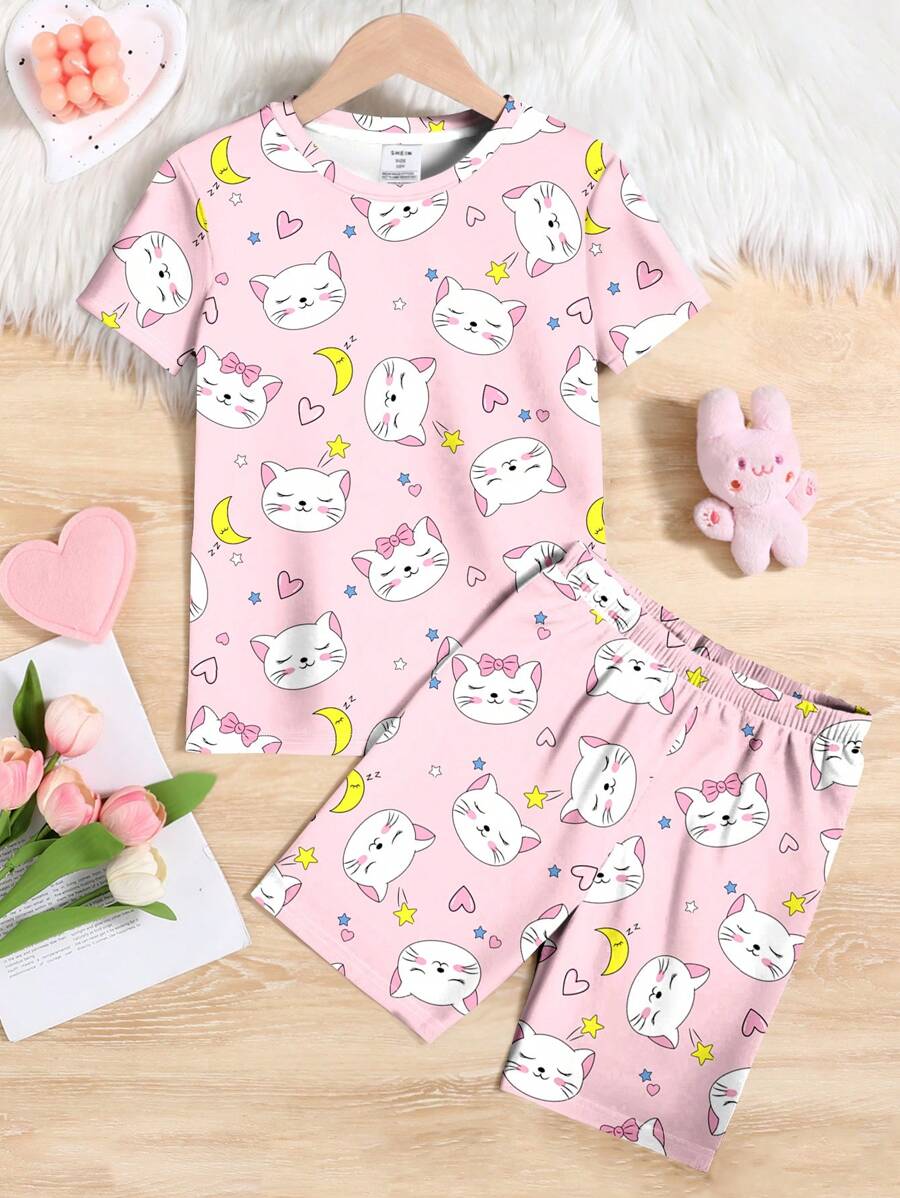 SHEIN Leap Crew Pigiama per ragazze con stampa di gatti cartoni animati, composto da top a maniche corte e pantaloncini, vestibilità aderente, adatto per primavera/estate - Multicolore - Visualizzare 1