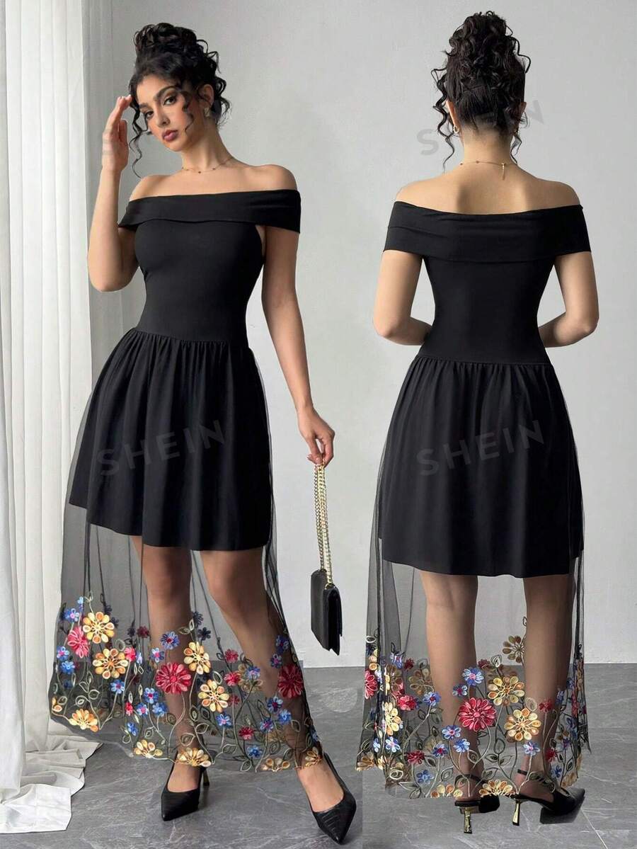 Chiquease Vestido para mujer de tela de malla con patrón bordado