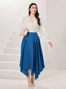 Modelyn Asymmetrical Hem Solid Color Women Casual Daily Wear A-Line Blue Skirt, Minimalist Fashion