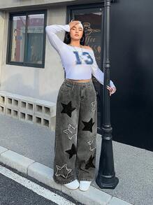 SHEIN ICON 大码女式喇叭牛仔裤，配星星图案口袋 - 淺灰色 - 查看 5