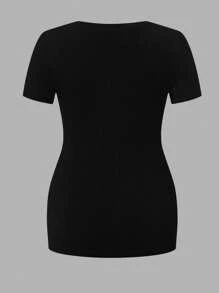 SHEIN Maternity Heart Print Short Sleeve Ruched Side Pregnancy T-Shirt Top - Black - View 4