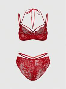 ROMWE Romantic Lace Underwire Lingerie Bra And Panty Set For Women - Red - View 2