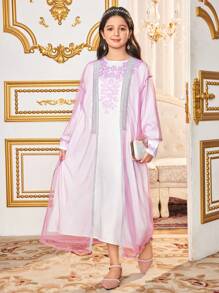 Tween Girls Loose Mesh Cardigan And Dress 2 Pieces Set - Pink - View 4