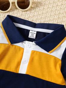 SHEIN Toddler Boys' Casual Contrast Color Block Short Sleeve Polo Shirt & Shorts Set, Spring/Summer - Royal Blue - View 6