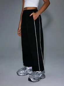 SHEIN Tween Girls Spring/Summer Relaxiva Contrast Piping Slant Pocket Pants - Black - View 1