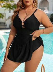 SHEIN Swim Curve Conjunto de traje de baño de 2 piezas para mujer de talla grande, con escote en V, calado circular arrugado y unicolor casual