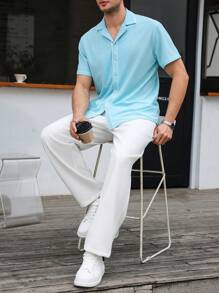 Manfinity Homme Men's Contrasting Trim Front Button Casual Short Sleeve Shirt