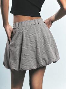 Maija Falda plisada con cintura anudada a cuadros gris, tipo línea A, con bolsillos laterales, casual y versátil para primavera, verano y otoño