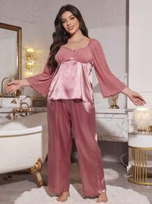 Palace Style Imitation Silk Long Sleeve Mesh Plus Size Pajama Set