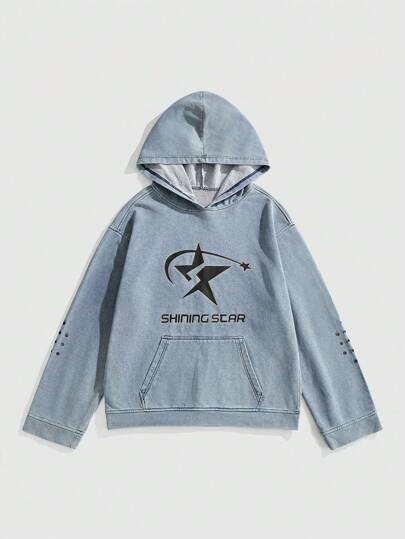 Prep Chaqueta de mezclilla con capucha, bolsillo y manga larga estampada informal para hombre