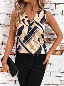 SHEIN Clasi Blouse décontractée imprimée sans manches col V pour femmes, pour les vacances - Nude - Voir 6