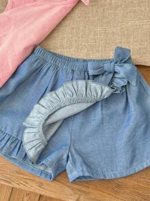 Baby Girl Cute Casual Summer Cartoon Rabbit Easter Graphic Pink Top With Ruffle Hem Shorts Set - Pink - View 5