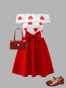 SHEIN 1pc Teen Girls' Off Shoulder Fitted Heart Print Red Bow Decor Dress. This Dress Is Suitable For Various Occasions Such As School Events, Family Gatherings, And Friend Get-Togethers. It Can Showcase The Youthful Vitality And Charm Of Teenagers. - Red - View 1