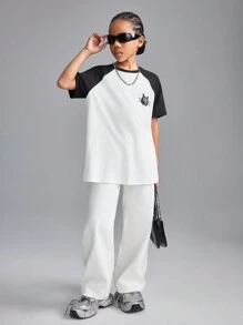 SHEIN Tween Girls Spring/Summer Crew Neck Cat Print Color Block Loose Fitting T-Shirt - Black and White - View 5