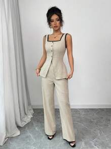 Chiquease 2 pièces Ensemble de blouse sans manches et pantalon pour femme, design blocs de couleurs