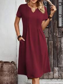 EMERY ROSE Women's Solid Color Collar Notch Pocket Short Sleeve Casual Mid-Calf Dress - Red - View 6