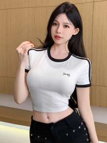 DAZY Women Desire Patchwork Contrast Bow Embroidery Cropped Bodycon T-Shirt