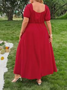 SHEIN CURVE+ Pure French High-End Ruffled Square Neck Puff Sleeve Solid Red Split Dress For Women, Romantic & Suitable For Dating, Spring/Summer - Red - View 2