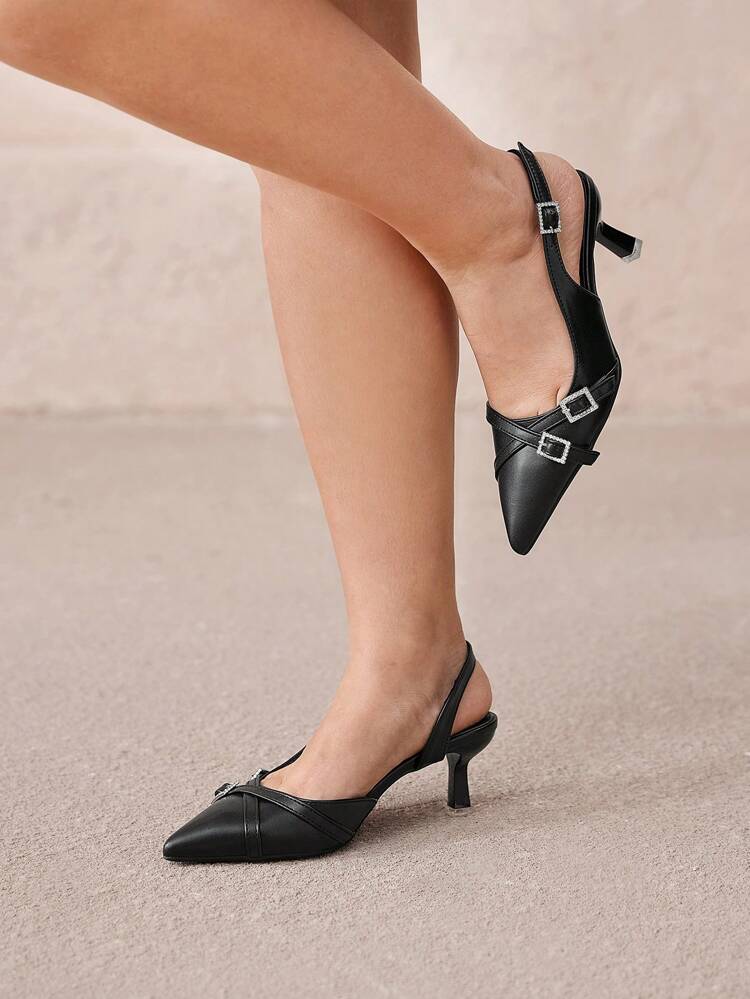 CUCCOO CURVES Plus Size Wide Fit Pointed Toe High Heel Pumps, Elegant Black PU Hollow Buckle Side Strap Sandals, Suitable For All Seasons