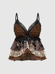 ROMWE Hippie Plus Size Women's Asymmetrical Hem Multi-Layer Tank Top With Vintage Floral Flocked Pattern - Multicolor - View 1