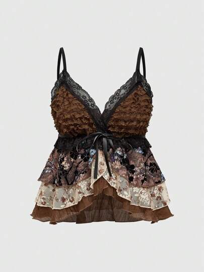 Hippie Plus Size Women's Asymmetrical Hem Multi-Layer Tank Top With Vintage Floral Flocked Pattern