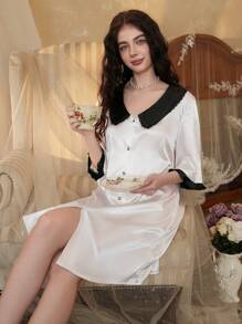 Côtesoire Robe de nuit élégante et simple en satin à col ouvert avec blocs de couleurs pour femmes