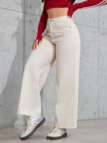 SHEIN PETITE Jeans rectos de color liso casual y sencillo - Albaricoque - Ver 5