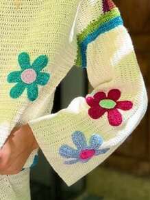 New Boho Floral Embroidered Knit Sweater Dress