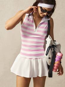 VARSITIE Pink & White Striped Sleeveless Zip-Up Pleated Bodycon Dress - Pink - View 5