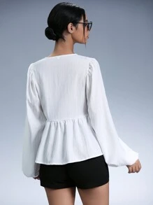 GENKIRA Blusa de mujer con bloques de color, rayas, lazo y volantes en el dobladillo con mangas abullonadas - Blanco - Ver 2