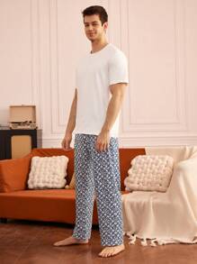 Solid White Short Sleeve Top And Striped Print Sleep Pants Men's Pajama Set - Multicolor - View 6